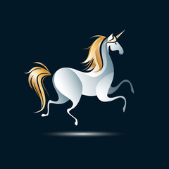 Naklejka na ściany i meble Running Unicorn with golden mane and horn on black background. Vector illustration for print, emblem, icon, label, poster or mascot. Animal concept design