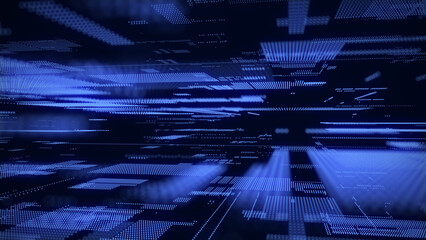 Blue digital futuristic cyberspace. Data storage service. Big data technology concept. Blockchain system connections. Server room. Quantum computer system. 3d rendering of matrix with particles and