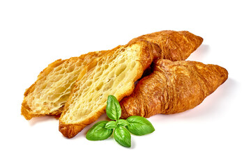 Freshly baked croissants, isolated on white background.