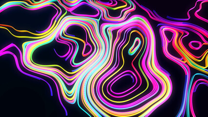 abstract bg with multicolor lines or ribbons forming curl noise on plane. Concept of abstract computing neural network or ai. Multicolor curved ribbons on plane. 3d render