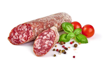 Italian salami with mold, isolated on white background.