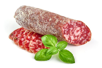Italian salami with mold, Barolo salami, isolated on white background.