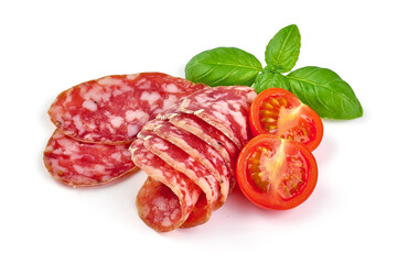 Italian salami with mold, isolated on white background.