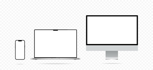 Realistic set of devices. Devices mockup illustration. Monitor, laptop, smartphone with blank screen illustration. Device template collection. Realistic style isolated gadgets. Vector graphic