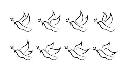 Dove with branch. Line dove silhouettes. Dove and pigeon bird vector silhouettes. Pigeon icon set. Peace doves. Peace symbols. Vector graphic EPS 10