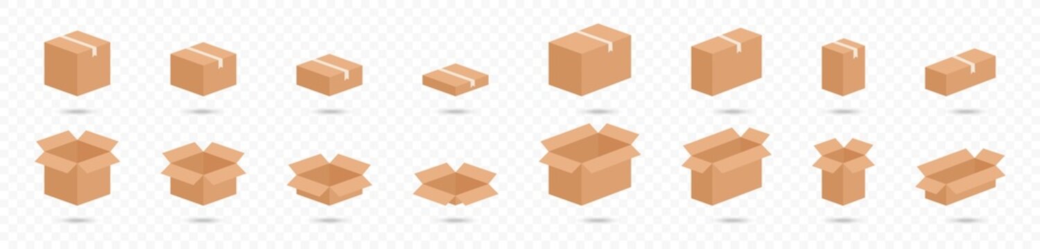 Carton box collection. Opened and closed carton boxes. Cardboard box set isolated on transparent background. Delivery package. Realistic 3d design gift box. Vector graphic illustration.