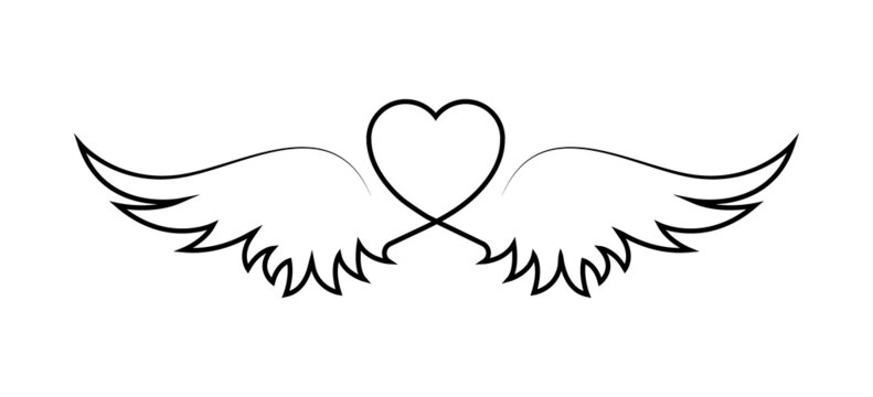 Winged nubes. Winged heart line icon. Heart with wings black line icon isolated on white background. Love and romance concept. Valentine's day. Vector graphic. EPS 10