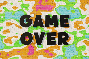 Game Over! Colorful wall with black letters. Defeated in a computer or board game. The game is finished, no chance or lost life in virtual game. 3D illustration