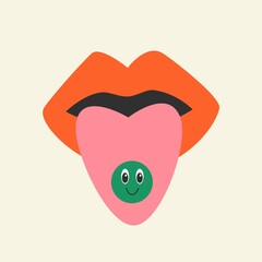 Lips with tongue. Show tongue. Tablet on the tongue in the form of a smiley. Flat design, hand drawn cartoon, vector illustration. Template for printing.