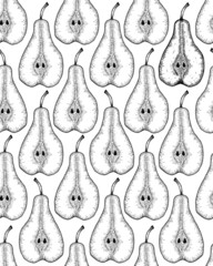 Vintage hand drawn sketch pear with half. Fruit in line art style. Vector seamless pattern