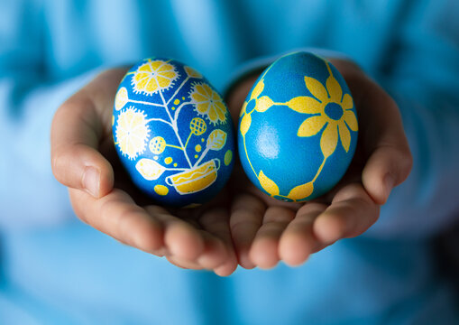 Hands of obscured girl holding Easter eggs painted with Ukrainian national colors, blue and yellow, and depicting Ukrainian ornaments