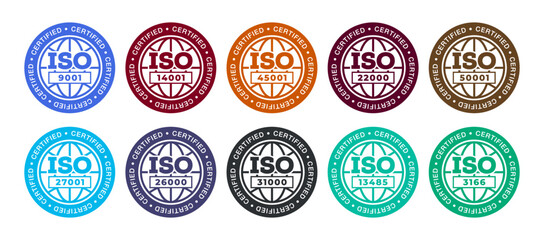 Set of International Organization for Standardization stamp: 3166, 13485, 31000, 26000, 27001, 22000, 45001, 50001, 9001, 14001. Set of popular standards ISO. - obrazy, fototapety, plakaty