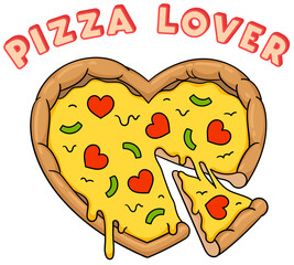 Cartoon heart shaped pizza with cutted off slice and melted cheese. Vector illustration isolated 