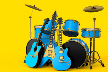 Set of realistic drums with metal cymbals on stand and acoustic guitars