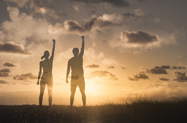 Man woman working together as a team. Unity, team work 