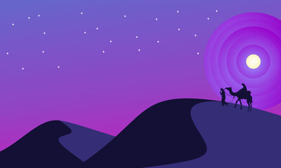 illustration of desert at night. flat design and camel silhouette