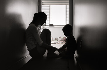 Mother taking with her child at home. Parenting and child parent relationship concept.  - obrazy, fototapety, plakaty