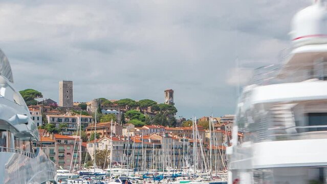 View of medieval Castre Castle and harbor with yachts timelapse.