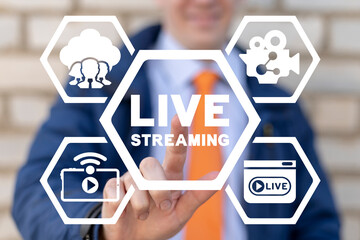 Live streaming social media web network concept. Man using virtual touchscreen presses live...