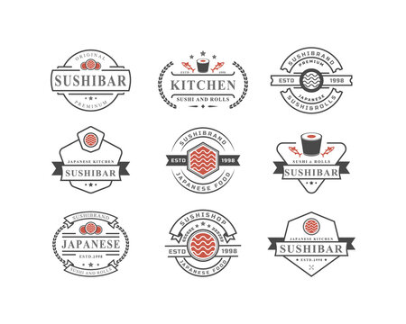 Set of Vintage Retro Badge Sushi Restaurant Logos Japanese Food with Sushi Salmon Rolls Silhouettes