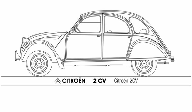Citroen 2CV vintage car, France, outlined illustration on the white background