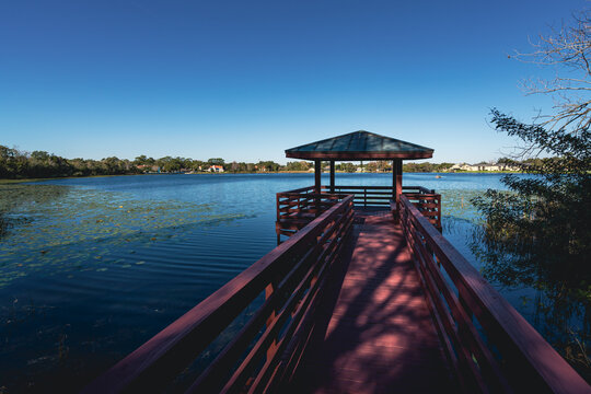 Red gazebo on local Lake Destiny in Maitland, Florida