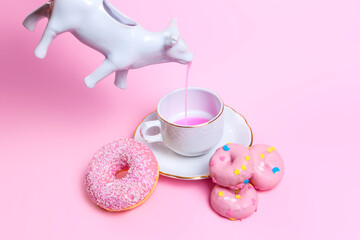 pink breakfast with pink sweets on pink background
