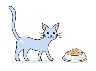 Cute cheerful blue cat and pet food bowl isolated cartoon vector