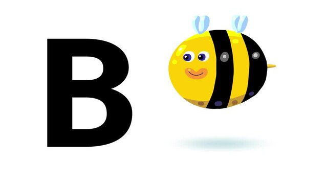 B letter big black like bee cartoon animation. Animal loop. Educational serie with bold style character for children. Good for education movies, presentation, learning alphabet, etc...