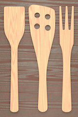Wooden kitchen utensils, tools and equipment on wooden background.