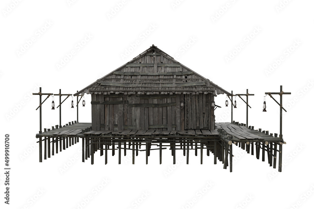 Poster old wooden swamp house built on stilts over water. 3d rendering isolated on white with clipping path