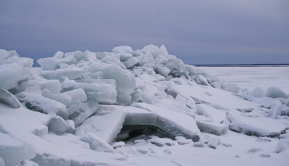 Ice hummocks, a heap of ice fragments on the Baltic Sea, compression of the ice cover