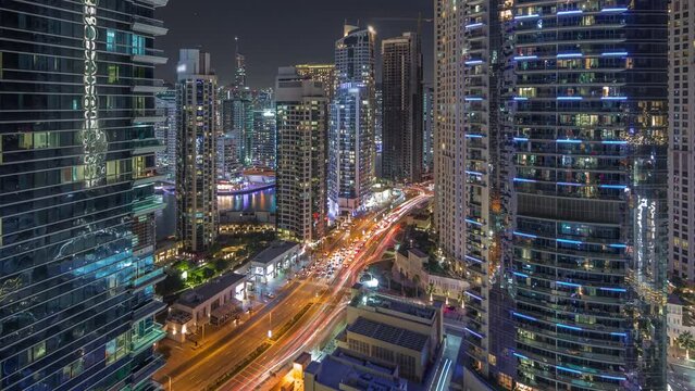 View of the Dubai Marina and JBR area aerial night timelapse