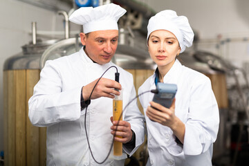 Interested focused male and female brewers wearing white uniform controlling process of craft beer...