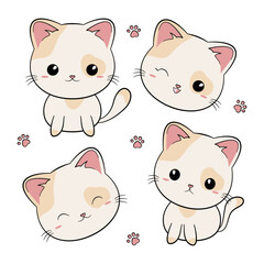 Mały uroczy kotek z rudymi łatami. Zestaw zwierzaków z różnymi minami i w różnych pozach. Kot w stylu kawaii. Ilustracja wektorowa na białym tle.