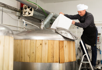 Brewer pours hops into a barrel for brewing beer