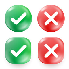Tick and cross signs 3d green and red glossy buttons isolated on white background. Vector illustration