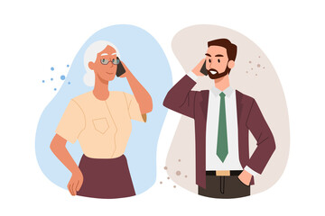 Family relationships concept. Smiling man calls his adult mother or elderly grandmother. Son communicates with his mother, conducts dialogue and talks about his life. Cartoon flat vector illustration