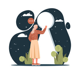 Self discovery concept. Woman stands in front of scientific well. Consciousness and self development. Psychology and mental insights. Space and galaxy, universes. Cartoon flat vector illustration