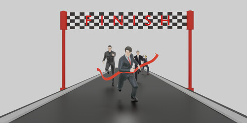 race businessman running to the finish line businessman victory first prize achievement 3d illustration