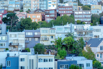 Uphill apartment buildings at San Francisco in California
