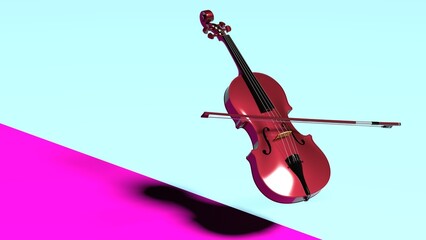 Deep Red-Gold classic violin on purple-blue plane under spot lighting background. 3D sketch design and illustration. 3D high quality rendering.