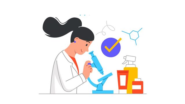 Product quality and safety control video concept. Moving female laboratory employee check chemical composition using microscope. Absence of toxins and harmful substances. Flat graphic animated cartoon