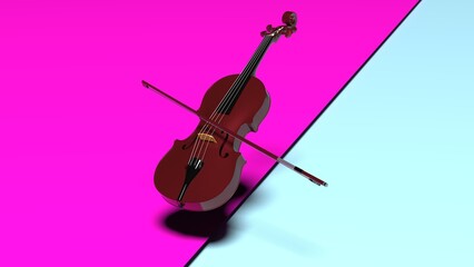 Deep Red-Gold classic violin on purple-blue plane under spot lighting background. 3D sketch design and illustration. 3D high quality rendering.