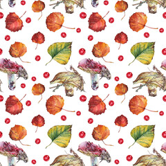 Seamless pattern watercolor pencils mushroom red Russula and slippery jack autumn leaves and red berry on white background. Hand-drawn forest food for card sketchbook. Art for kitchen wallpaper