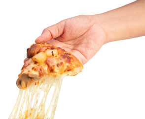Hand picks up a slice of pizza with stretched cheese isolated on white background, Pizza on white...