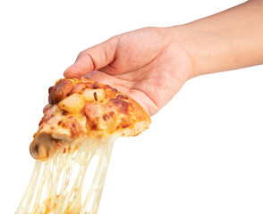 Hand picks up a slice of pizza with stretched cheese isolated on white background, Pizza on white background With clipping path.