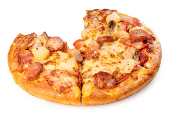 Mushroom and Sausage Pizza with cheese isolated on white background, Pizza on white background With clipping path