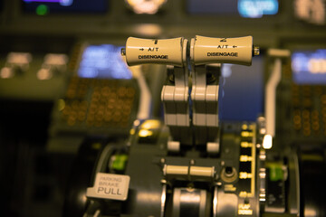 Levers for controlling aircraft engines. Ores. The cabin of the aircraft. Close-up