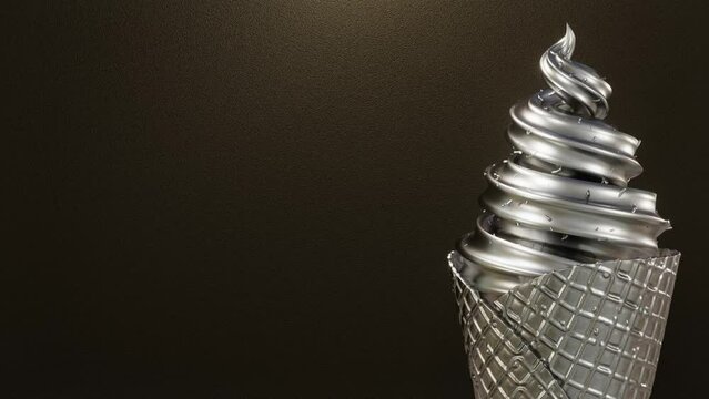 3d render animation video Luxury Ice cream cone silver color, Food Drink Object Concept Design Realistic scene footage video clip on black background rough, for ad inspiration creative banner webside 